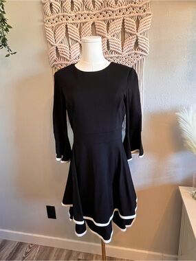 Eliza J Black Dress with White Trim — Long Sleeve Fit-and-Flare